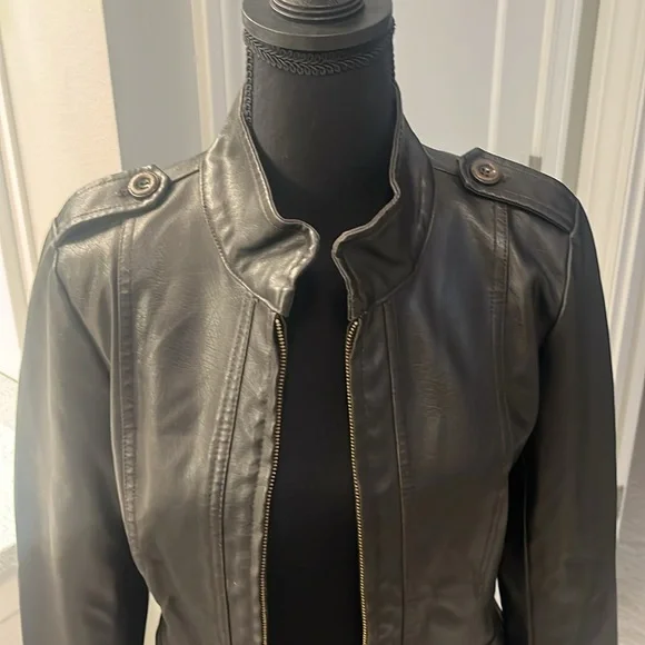 Frida G Leather Look Motorcycle coat with button detail - Picture 2 of 8